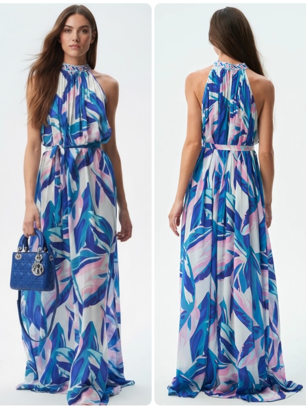 TAJ by Sabrina Crippa Fane Musa Blue Halter Embroidered Neck Maxi Dress NWT $350